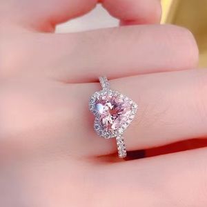 Pink studded crystal heart ring sterling silver plated